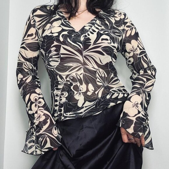 Y2K Whimsigoth sheer floral top - Picture 3 of 6